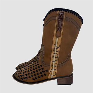 Tan Brown Faux Leather Braided Mid Calf Western Boho Cowboy Boots 10.5 WMNS